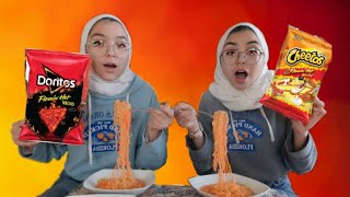 تحدي الاندومي الجزء ٢ + شبس حار نار  |the spicy noodles challenge part 2 + FLAMING HOT CHIPS