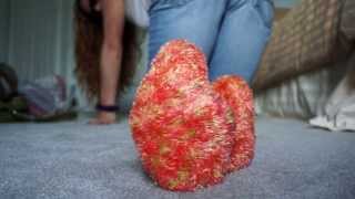 Worn Plushy Socks Strip Foot Tease