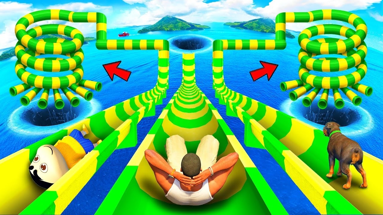 Franklin Shinchan Chop Tried Mega Magical Water Sliding Ramp Ever | Gta V Waterslide Ramp
