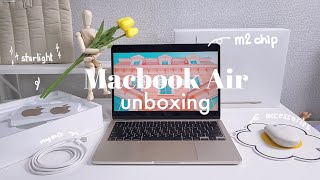 m2 macbook air (starlight) unboxing & setup + accessories 💻 맥북 에어 m2