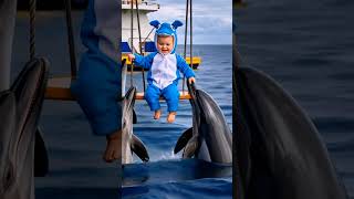 "Adorable Baby in Dolphin Costume Plays Happily Amidst Dolphins in the Ocean!"