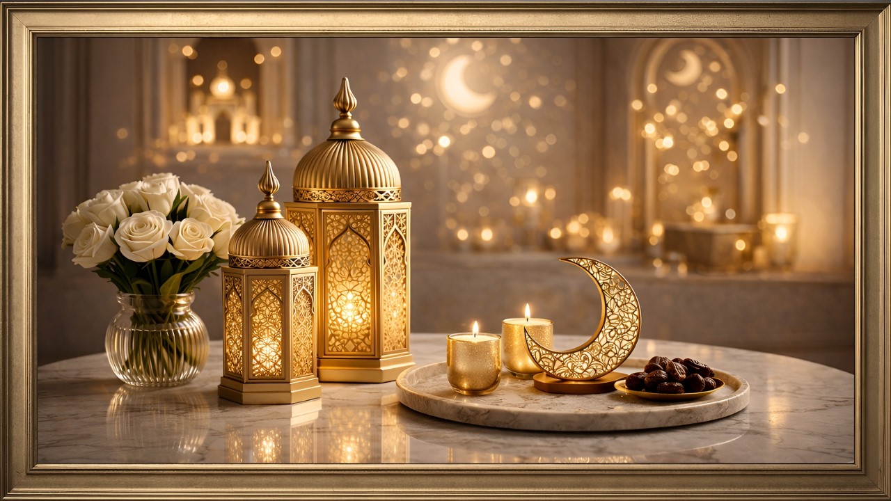4K TV Frame Art: Luxury Ramadan Gold Vintage Frame Lanterns & White Roses | 3 Hours