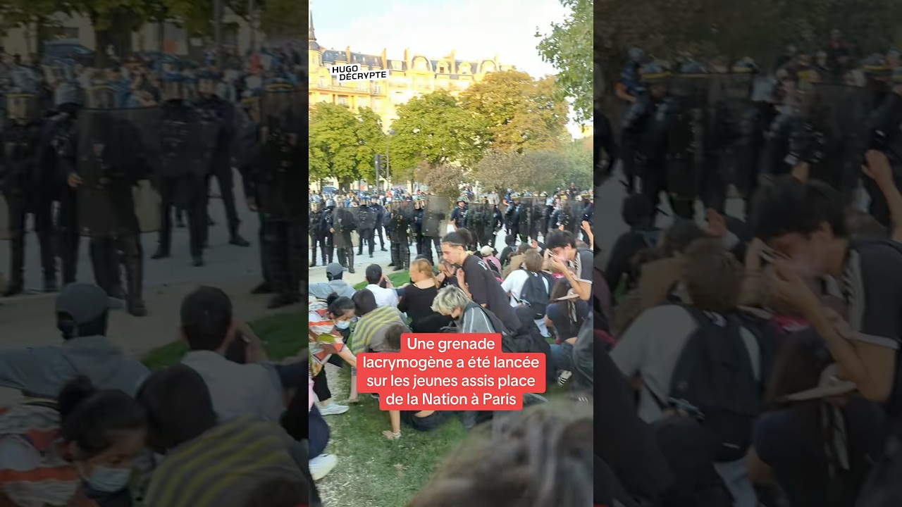 Une grenade lacrymogène lancée sur des jeunes assis place de la Nation à Paris.