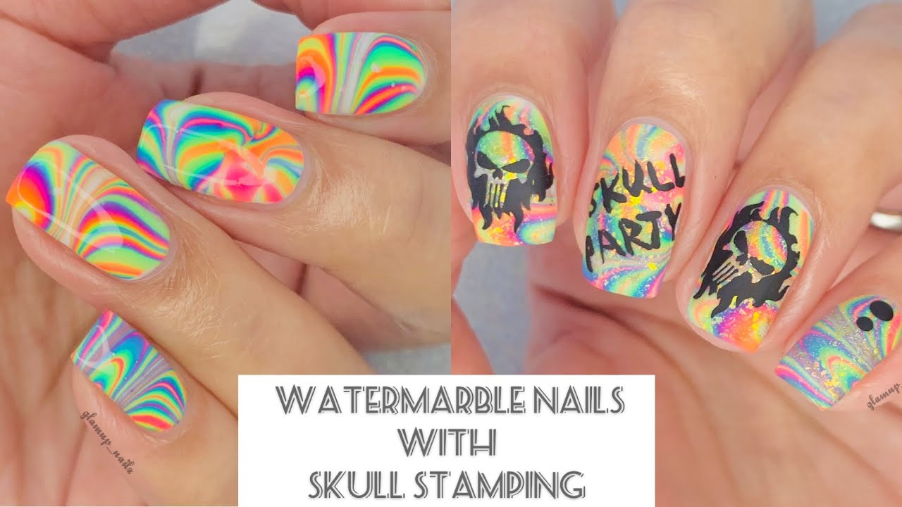 Easy WATERMARBLE NAILS with Skull Stamping || LynB Designs Tonally Awesome Neon Collection