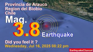 South Pacific Ocean, 41 km South of Lebu, Arauco, Region del Biobio, Chile Earthquake today now
