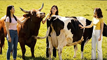 Three women standing and holding a cow