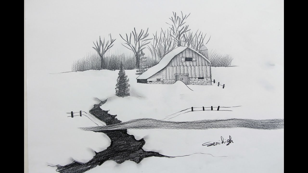 How To Draw Awesome Winter Landscape With Snow Pencil Sketch Youtube