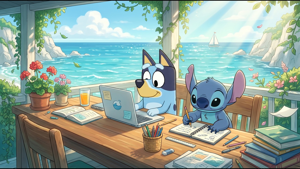 Bluey & Stitch Seaside Study Corner 🌊 Summer Lofi Beats for Study &  Work ☀️ Peaceful Ocean Vibes