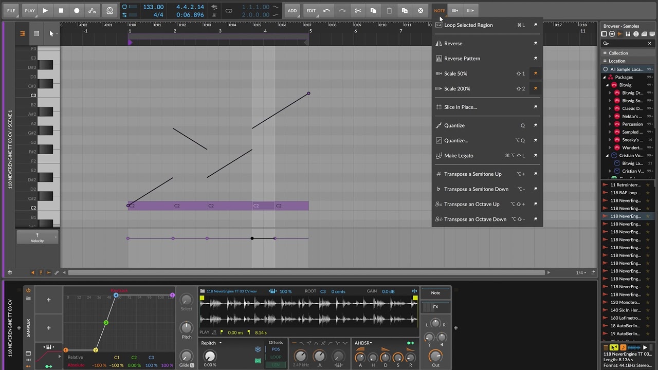 Bitwig, micro-pitch experssion + keytracking + moving sampler freezed ...