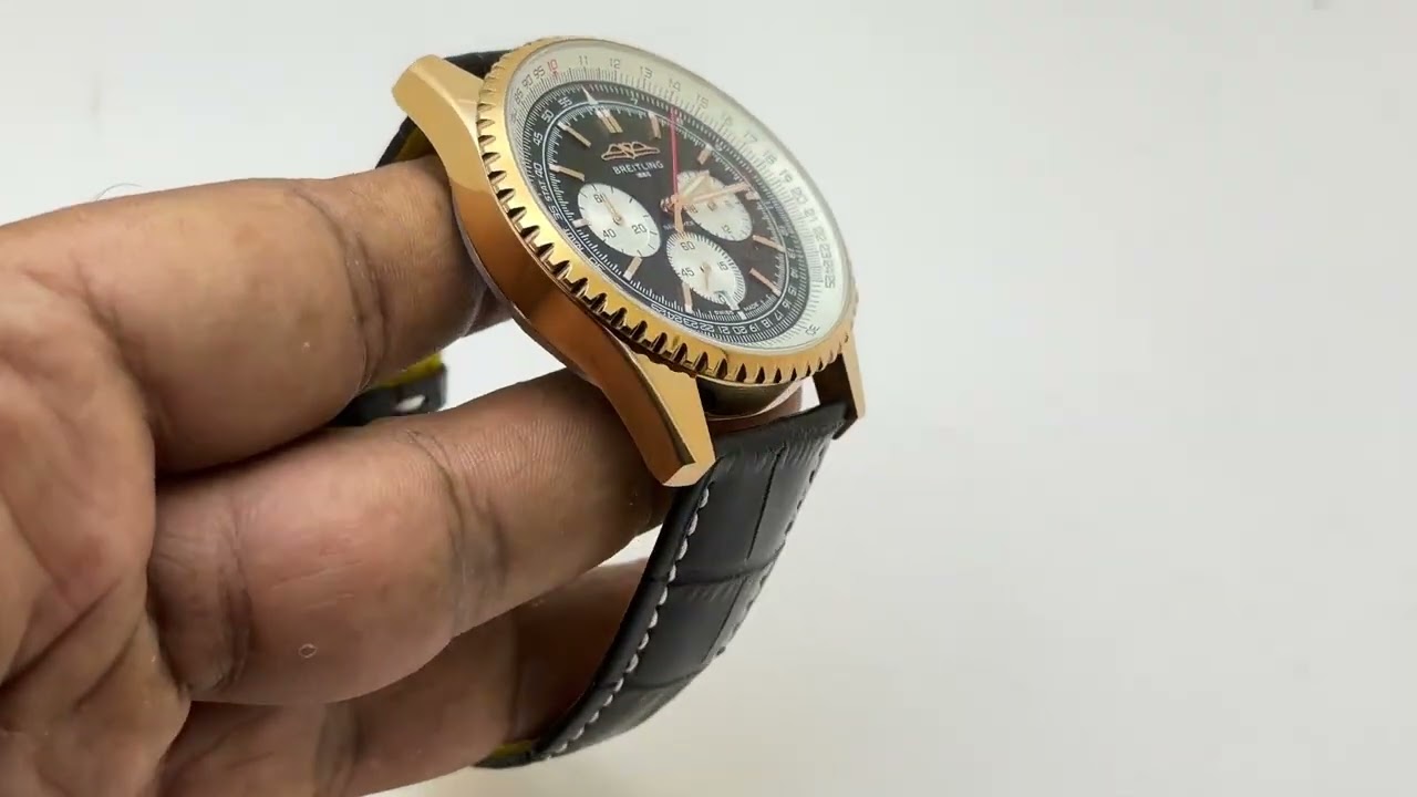 Breitling Navitimer Rose Gold Black Leather Strap Watch