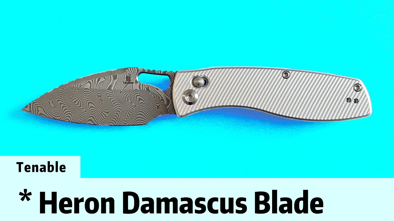 Tenable Heron Damascus Blade Beadblasted Aluminum Handle Crossbar Lock Folding Knife