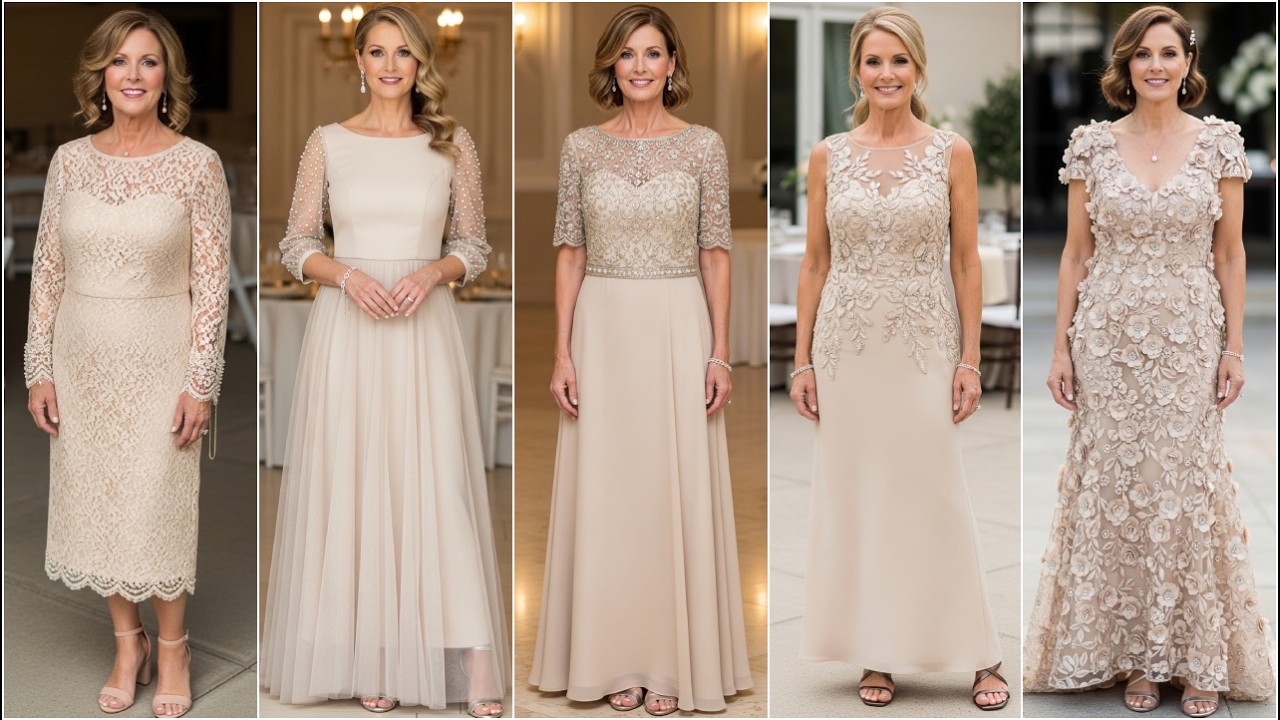Платья для матери невесты цвета шампанского: элегантные наряды для гостей на свадьбе и вечерние п...