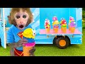 Monkey Baby Bon Bon drives the ice cream truck to the farm and eats rainbow ice cream  with puppy