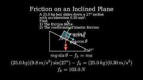 A 25.0-kg box is released on a 27° incline and acceleratesdown the incline at 0.30 m/s",