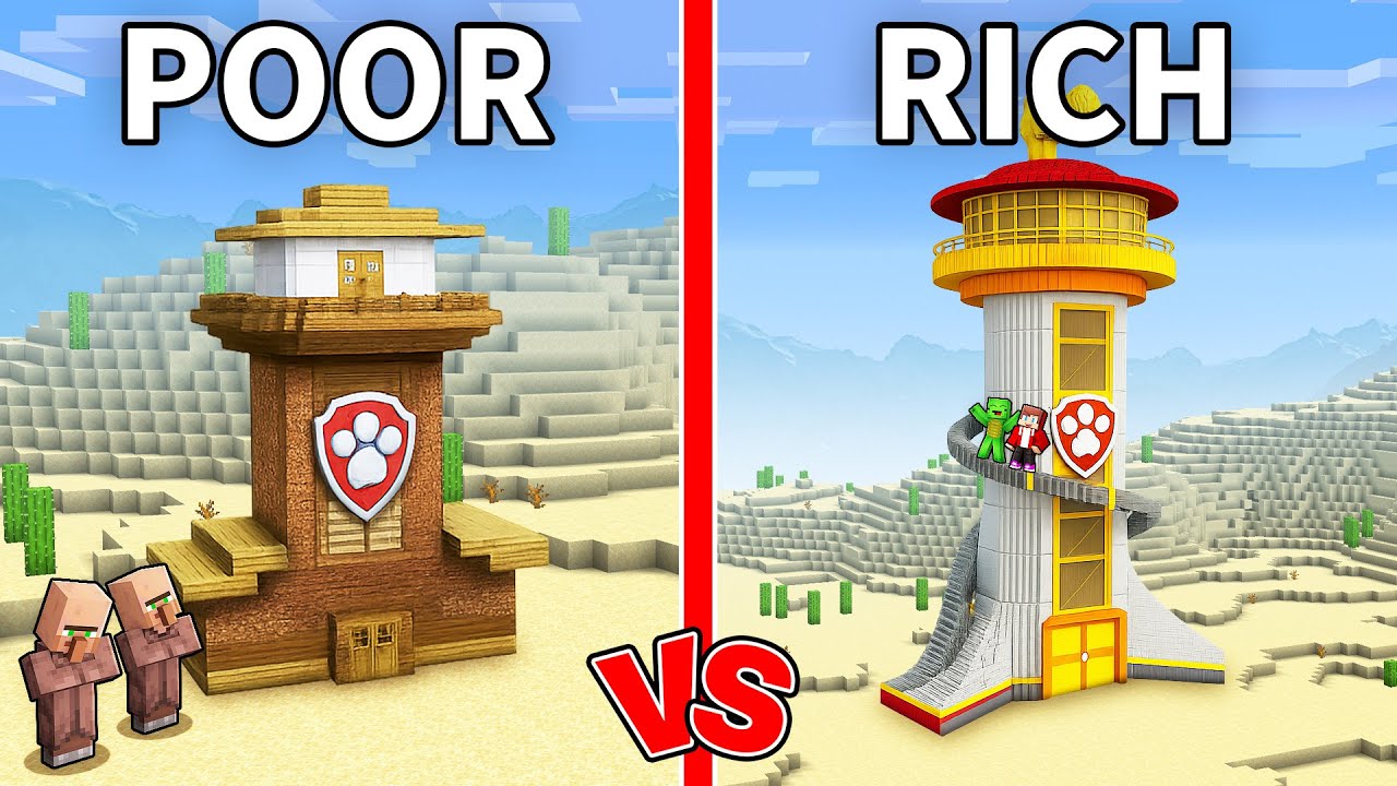 Villagers POOR vs JJ and Mikey RICH PAW PATROL House Battle in Minecraft (Maizen)