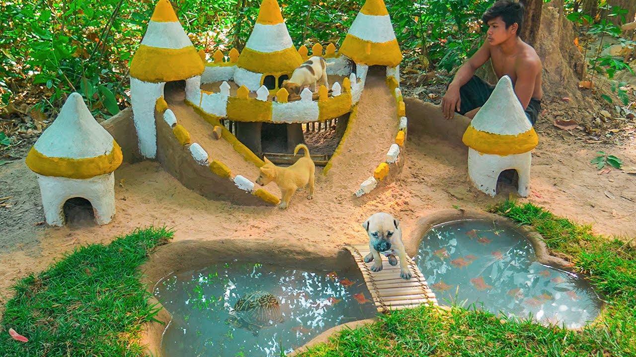 Building Dog Mud Castle For Puppies & Dogs Raising Turtle & Red Fishes