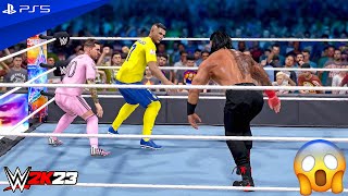 WWE 2K23 - Messi & Ronaldo vs. Roman Reigns & Brock Lesnar - Elimination Tag Team Match | 4K