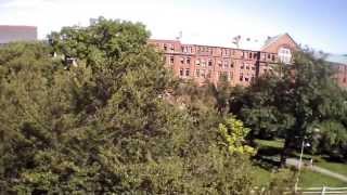 A drone flies over Harvard