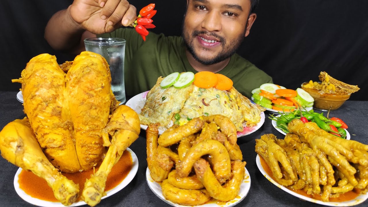 Whole chicken curry, chicken neck curry, chicken feet and egg fry wirh rice eating video