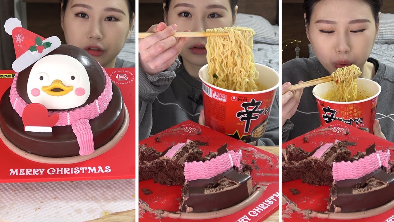 후식 펭수 크리스마스 초코케이크 신라면 MUKBANG