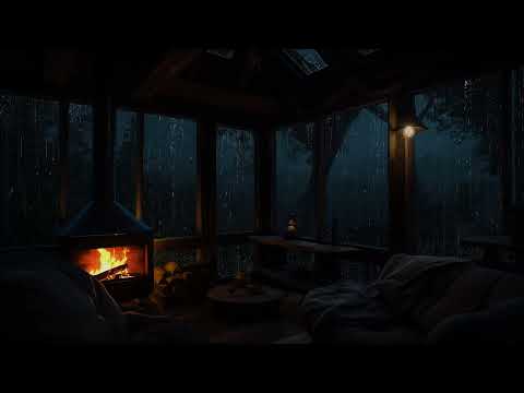 Warm Fireplace in a Cabin During Rainfall | Peaceful Night Sounds for Rest
