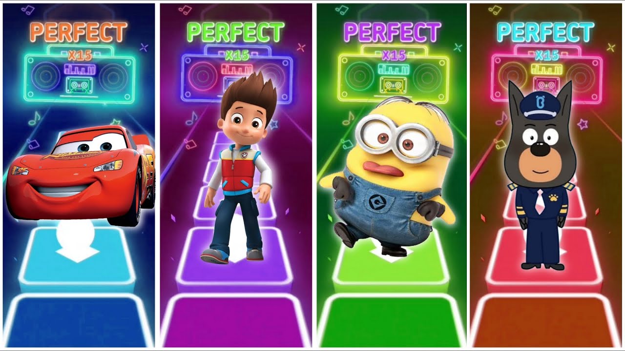 McQueen vs Ryder vs Minions vs Sheriff Lablador in Tiles Hop Game play EDM Rush Game play🎶