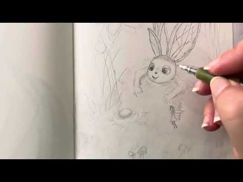 Pencil sketchbook drawing of a cute fluffy creature with big eyes and long veined ears climbing out of tall grass, with a tiny fairy, a bird's nest with an egg, big flowers and mushrooms