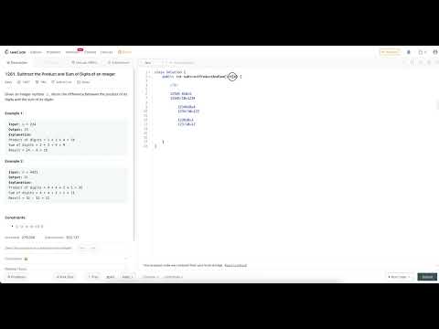 1281. Subtract the Product and Sum of Digits of an Integer | Leet code solution java hindi