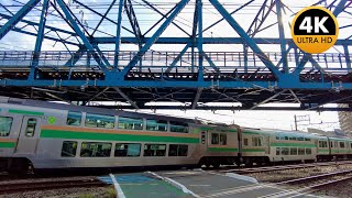 Railroad Crossing In Fujisawa JAPAN, JR Tokaido Main Line 東海道線 踏切 E233系3000番台 高速通過、辻堂〜藤沢 通過 | 4K