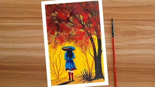 Girl Walking 🏃‍♀️In Autumn Leaves Covered Park | Acrylic Painting For Beginners | How To Paint