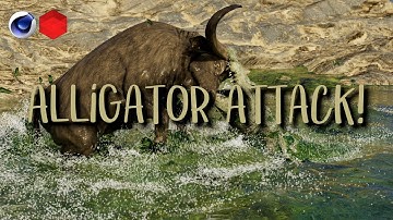 C4DRS4U: Alligator Attacks Buffalo, Widescreen Version | X-Particles Water Simulation | 4K, HDR
