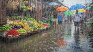 Heavy rain and overflowing water on the streetsoftraditional markets in rural Indonesia