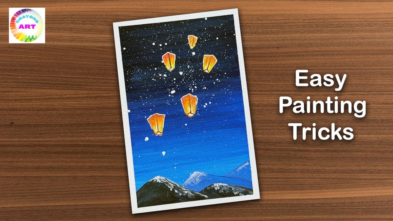 Dreamy Watercolor Hot Air Balloon | Flying Night Sky Light Candle | Landscape Tutorial for Biginners