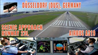 Dusseldorf (DUS)  Airbus cockpit scenic approach from the Netherlands along the Rhine River RWY 23L