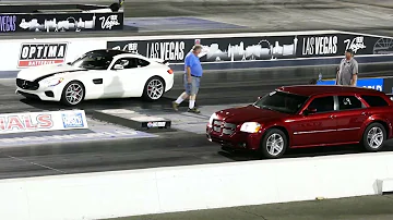 White Mercedes Benz AMG GT S Vs. Red Dodge Magnum Drag Race - Las Vegas 6-2-2023 - 4K UHD