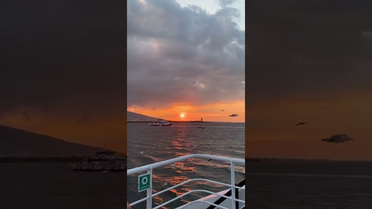 Moody Sky over Sea at Sunset Seen from Passenger Ship. 