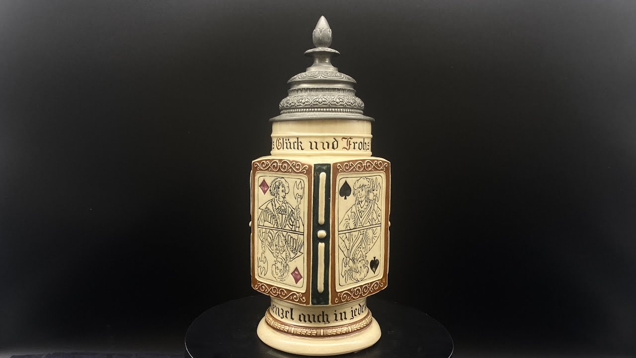 1890 год ! Антикварная Пивная Кружка Reinhold Merkelbach "ЧЕТЫРЕ ВАЛЕТА"