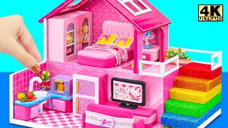 Build Simple 2 Story Pink Miniature House with Rainbow Stairs use Polymer Clay - DIY Miniature House