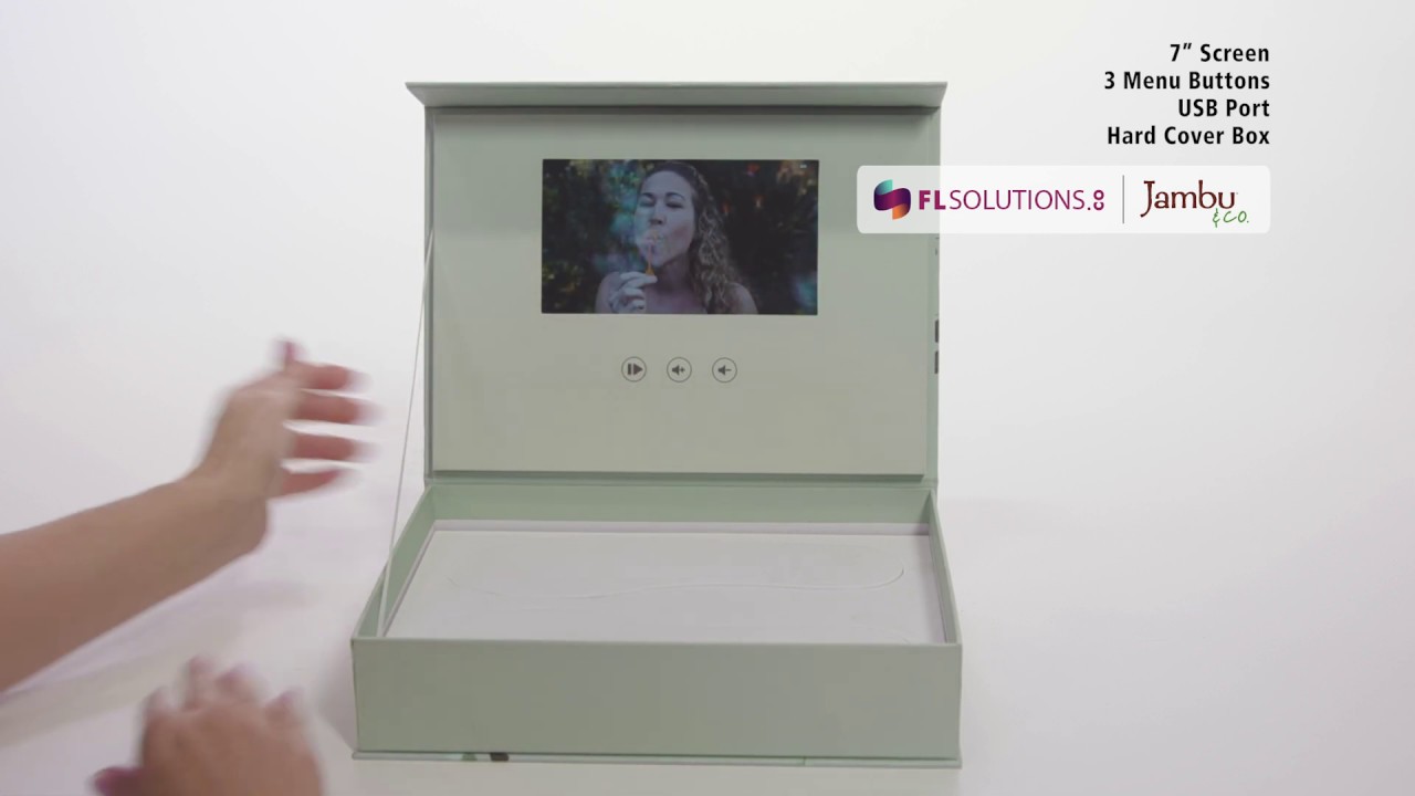Video Packaging: 7" Screen, 3 Buttons, Literature, Cut-outs for Samples - Product Example: Jambu