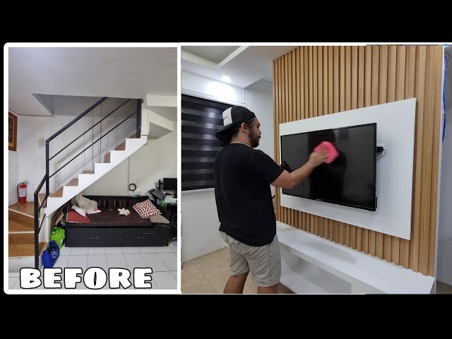 Modern Living Room Transformation! How to build TV console with LED Backwall and Wood slat class=