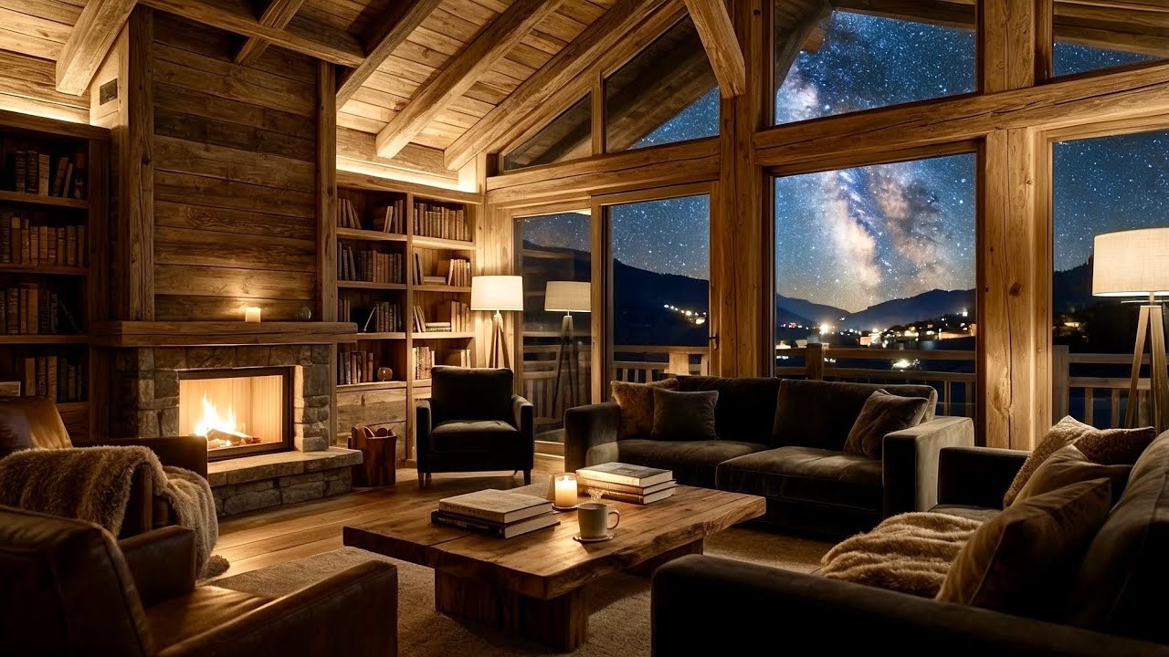 Luxury Observatory Ambience 🌌 Cozy Lounge with Fireplace & Starry Night Sky for Study