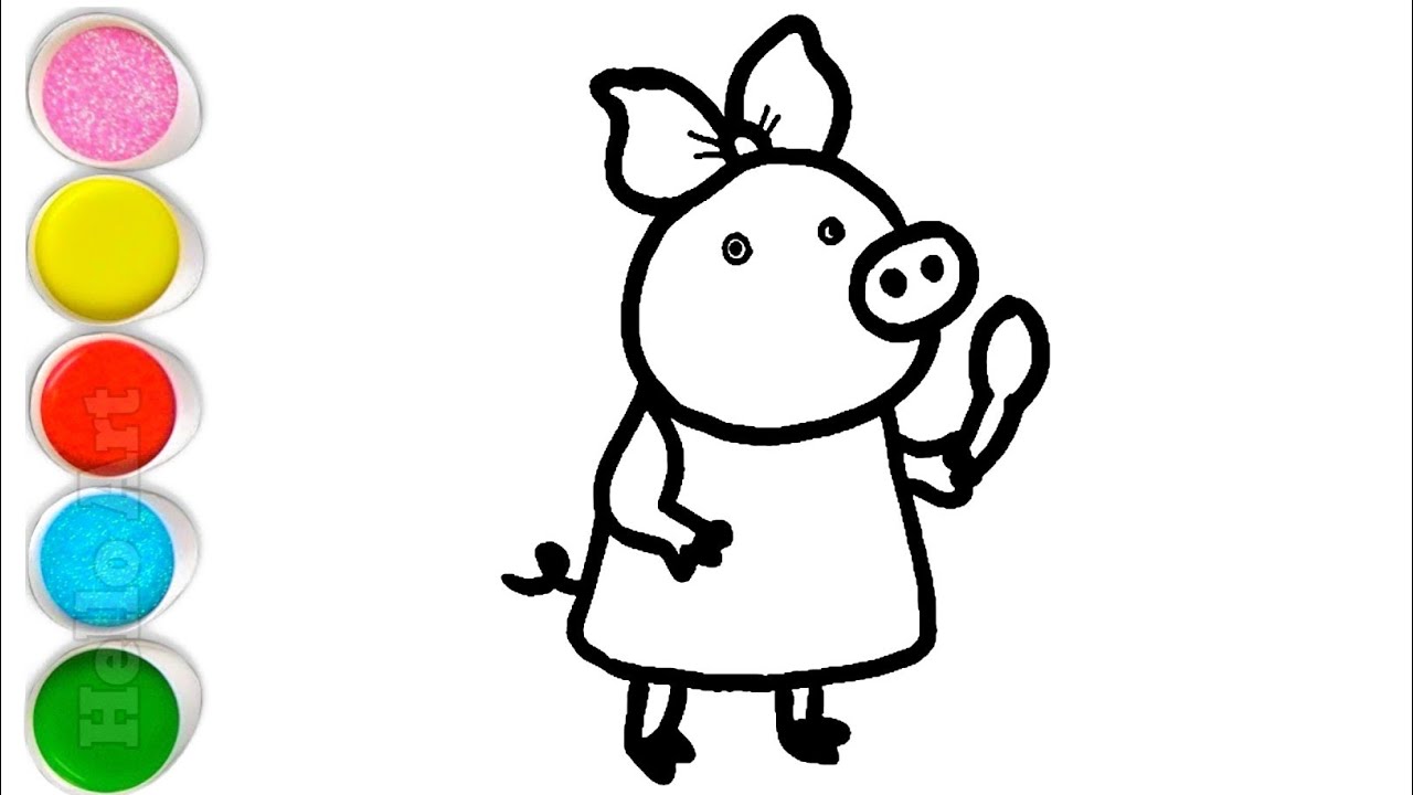 Cute Pippa Pig With Spoon Drawing, Painting and Coloring For Kids and Toddlers_ Easy Drawing