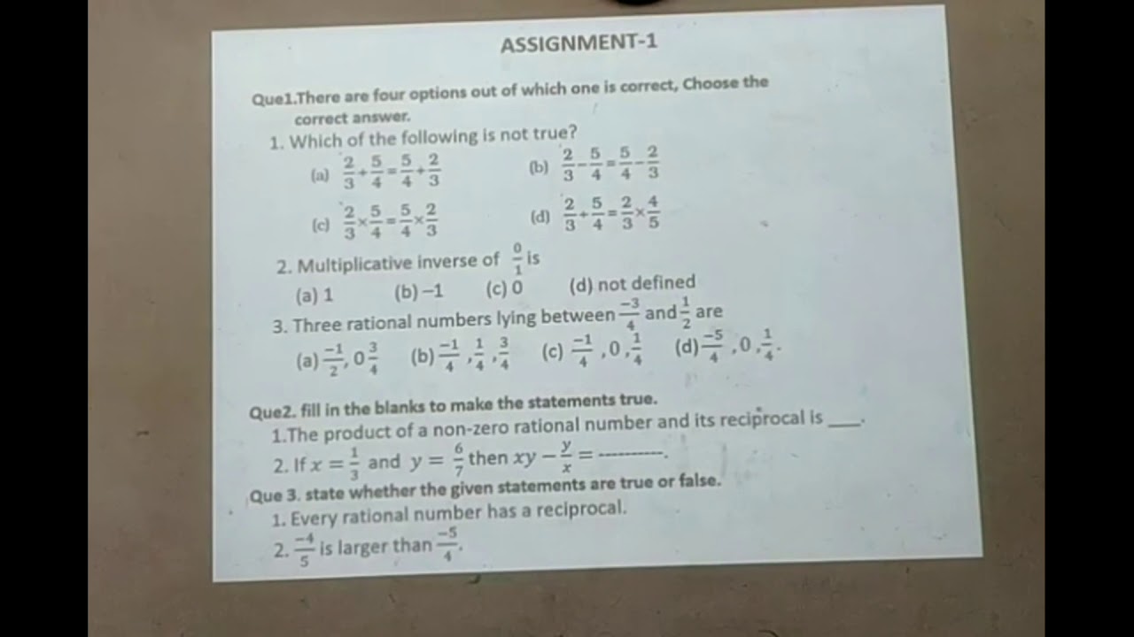 rational numbers assignment for class 8