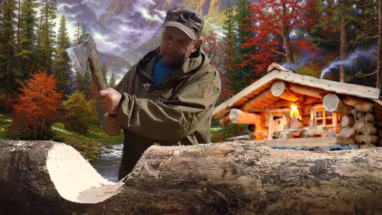 Строительство дома-отшельника. Готово первый венец бревенчатого дома.