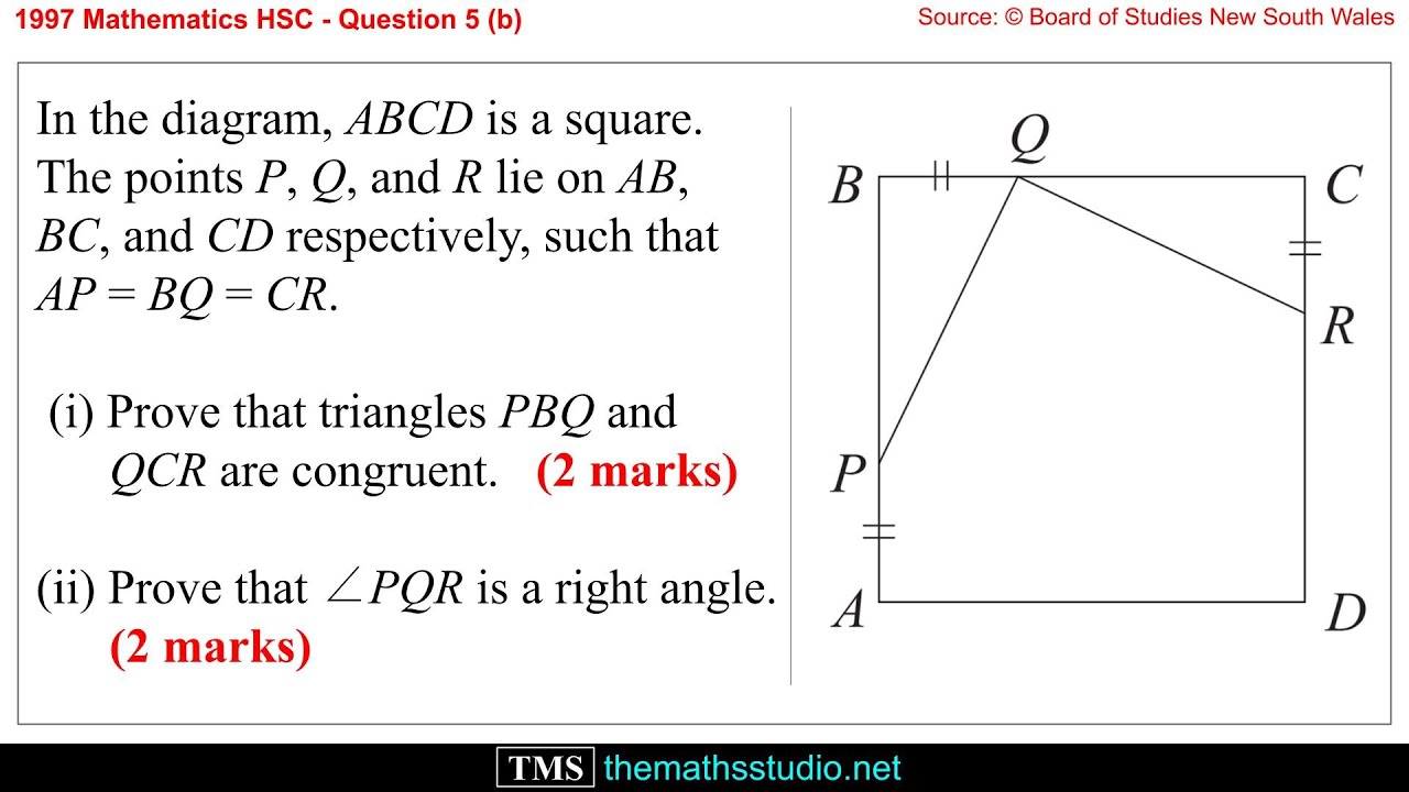 1997 Maths 2u HSC Q5b Prove congruent triangles inside a square & solve ...