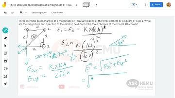 Three identical point charges of a magnitude of 16uC are placed at the three corners of a square 40m