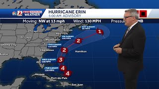 Hurricane Erin beginning to turn towards U.S., midweek impact to Carolina coast