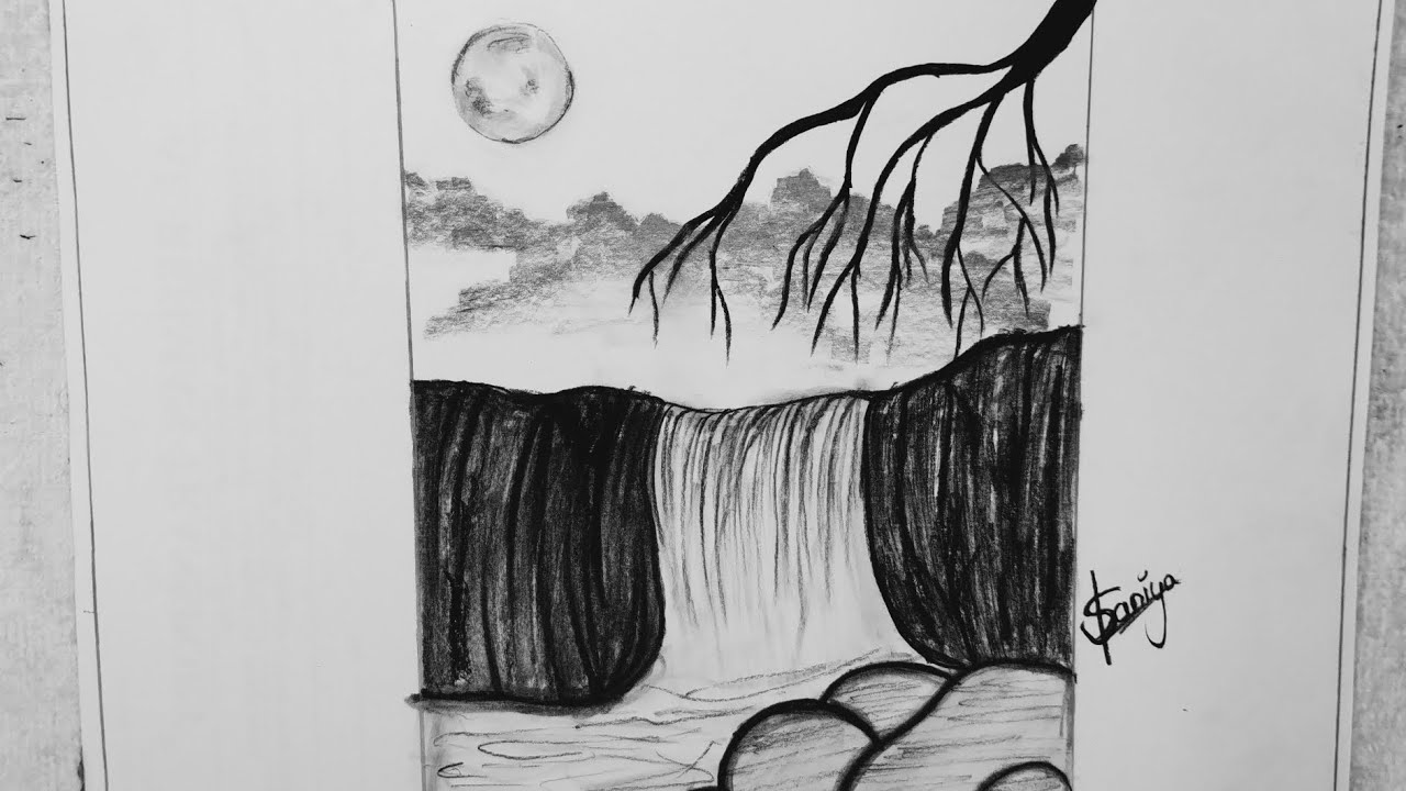 HOW TO DRAW EASY WATERFALL WITH CHARCOAL PENCIL || DRAWING TUTORIALS ...