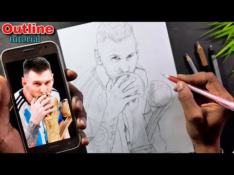 How to draw Lionel Messi || Messi drawing with World Cup , Outline tutorial (grid method)