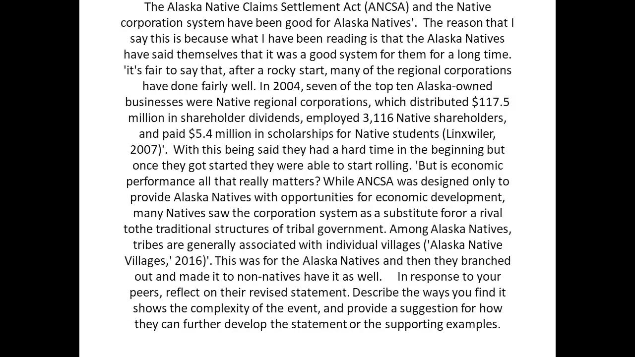 The Alaska Native Claims Settlement Act ANCSA and the Native